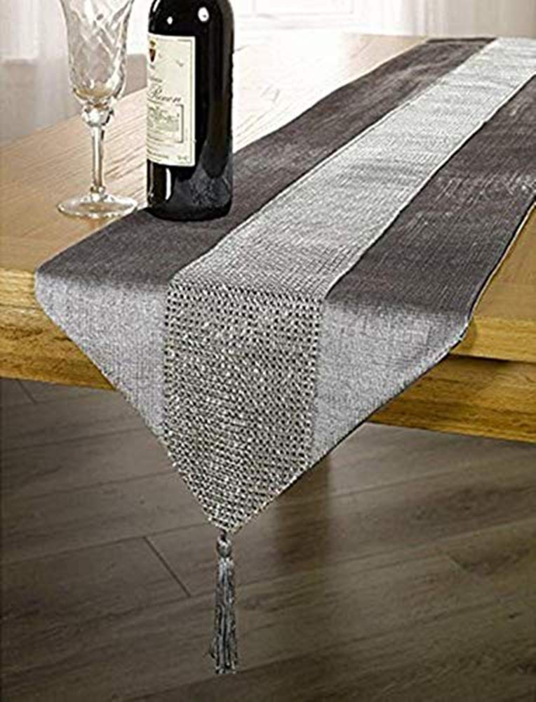 OZXCHIXU 13inch x 72inch Table Runner with Diamante Strip and Tassels (Grey) - Image 1